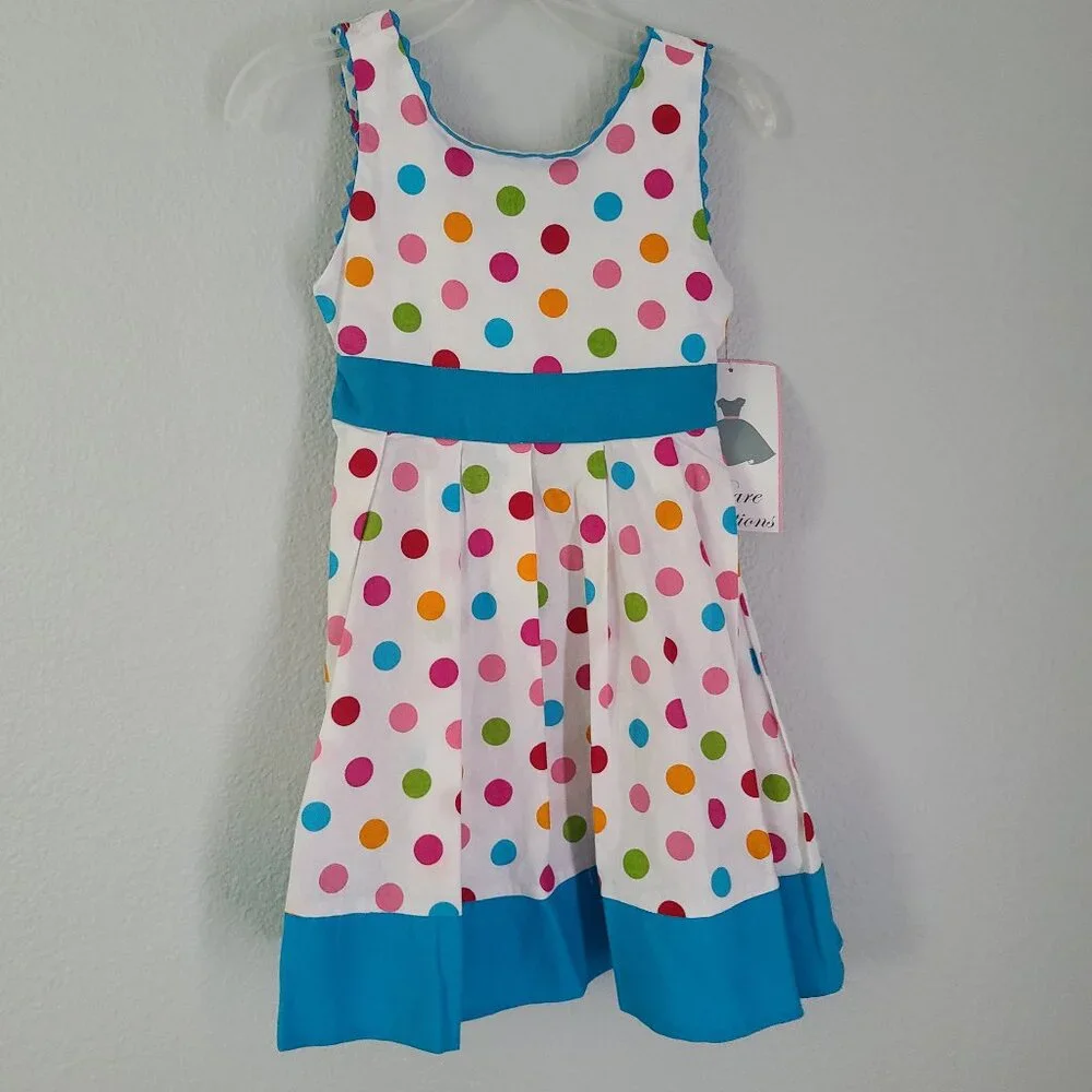 Rare Editions NWT Girls white and blue Polka Dot Sleeveless Dress – Size 4
